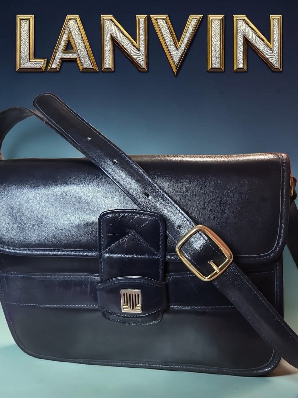 LANVIN Blue Leather Vintage Shoulder Bag with Gold-Tone Hardware Great Condition
